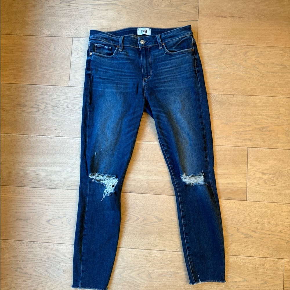 PAIGE Dark Blue Distressed Skinny Jeans